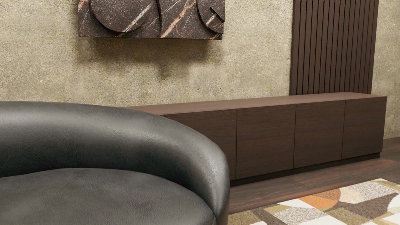 Canapé en cuir noir et tapis en laine dans le salon Lounge