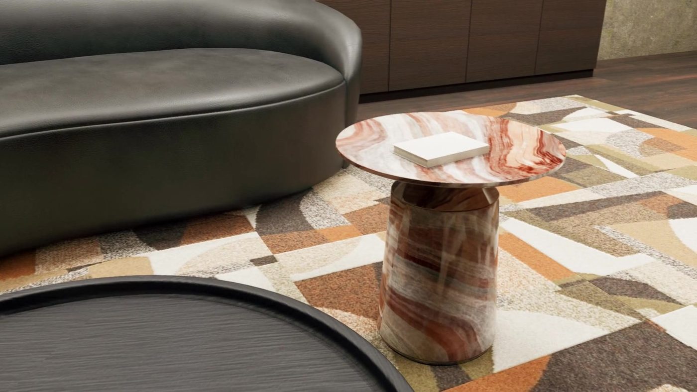 Gros plan d’une table d’appoint en onyx sur un tapis Interface
