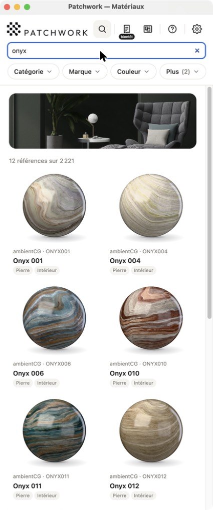 La matériauthèque Patchwork : recherche « onyx », douze références ambientCG