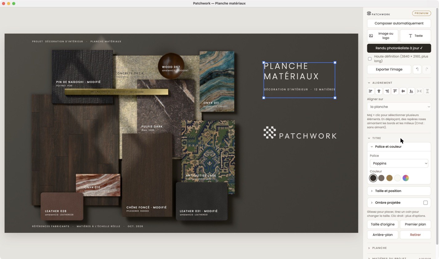 L’éditeur de planche matériaux de Patchwork : planche sur fond ardoise, titre sélectionné, panneau Alignement et Police et couleur