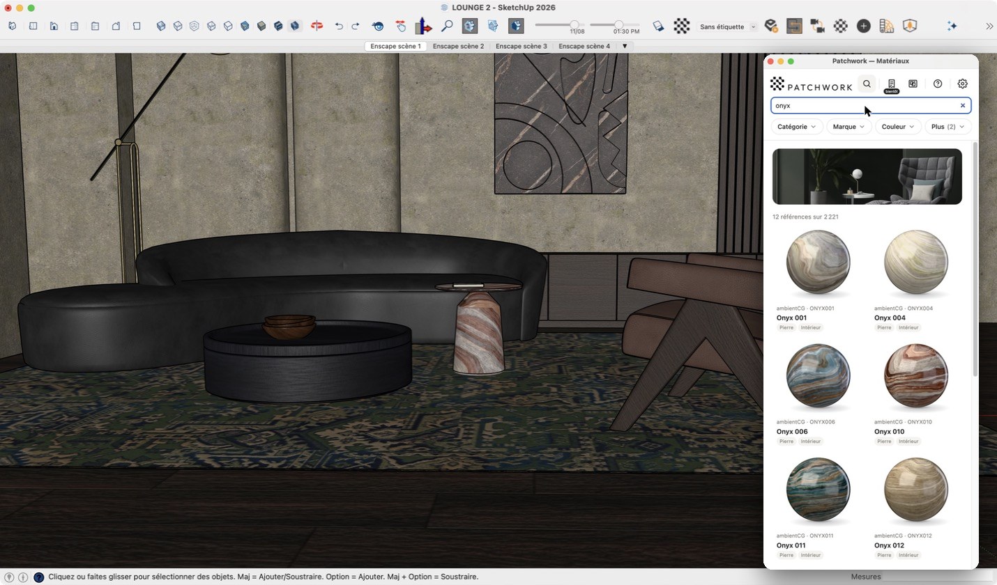 SketchUp avec la matériauthèque Patchwork ouverte à droite : recherche « onyx », sphères des décors ambientCG
